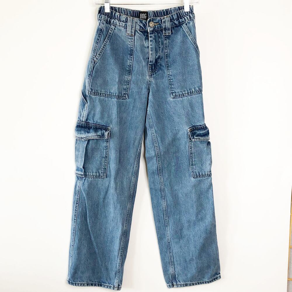 BDG Skate Jeans Mushroom Patch 26 X 37 Pull On Elastic Waist Carpenter Cargo